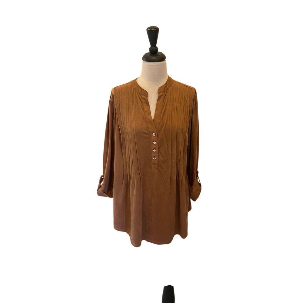 Cocomo Women's Faux Suede Pintuck Pleated Tab Sleeve Tunic Top Brown Size 1X